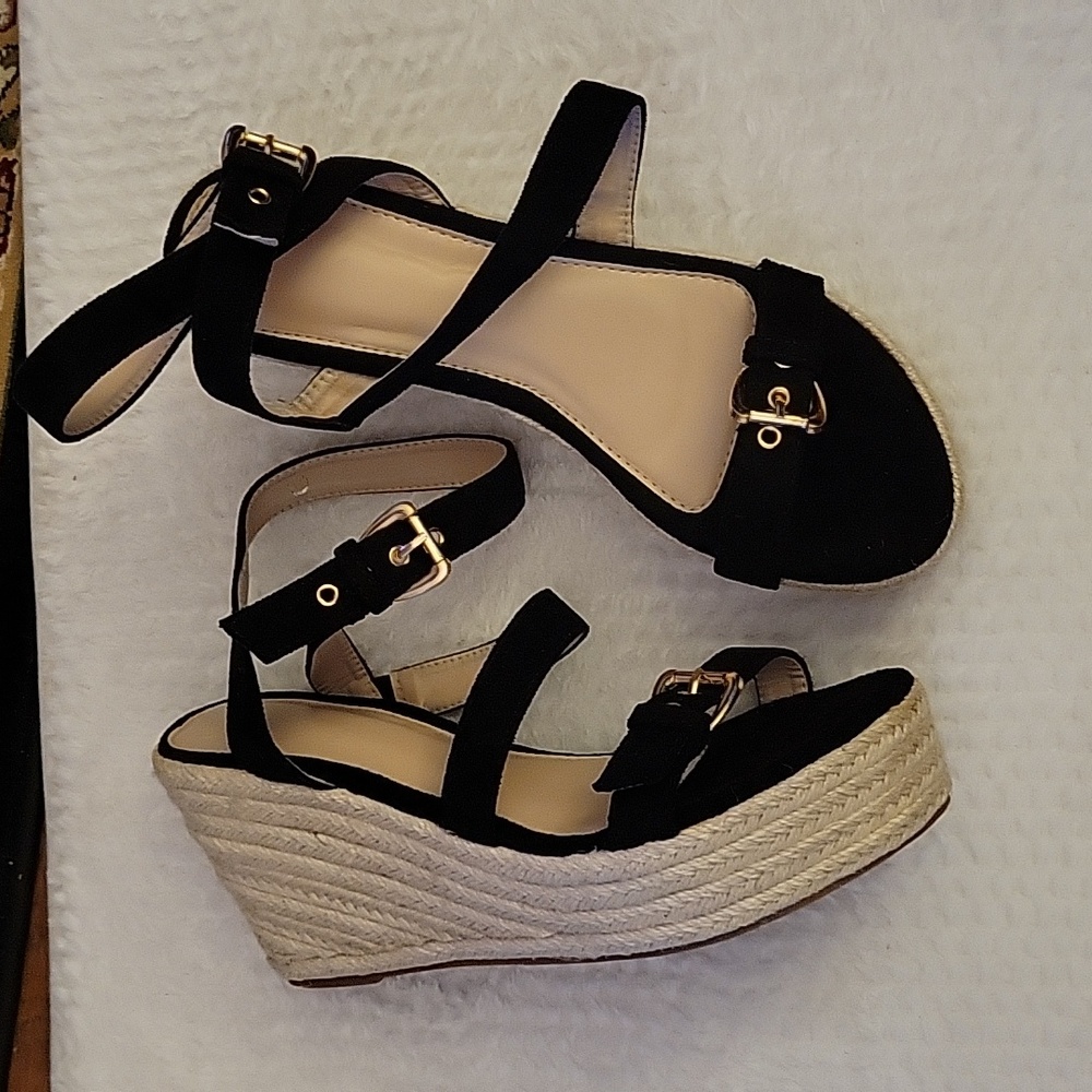 Shopping black suede platform espadrille sandals 2 buckle closure Size 12 NEW…